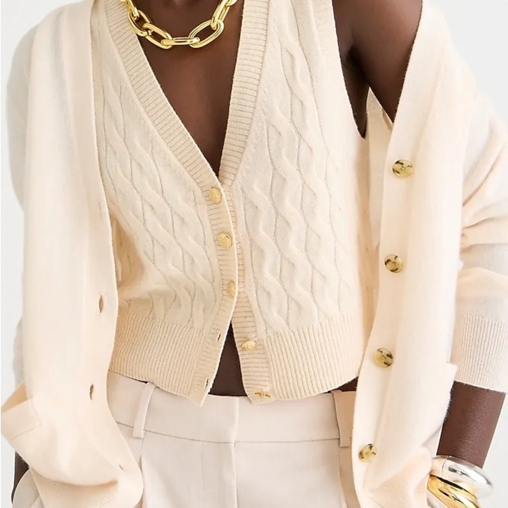 J. Crew Cream Cable-Knit V-Neck Vest and Cardigan Set